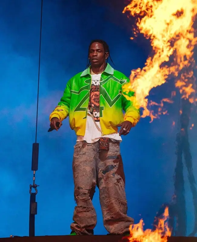 Travis Scott outfit in Louis Vuitton, Travis Scott Merch, and Takashi Murakami, 2021
