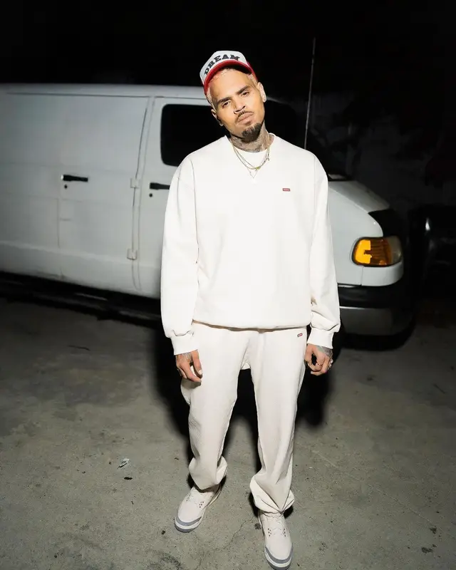 Chris Brown outfit in Supreme and Jordan, 2022