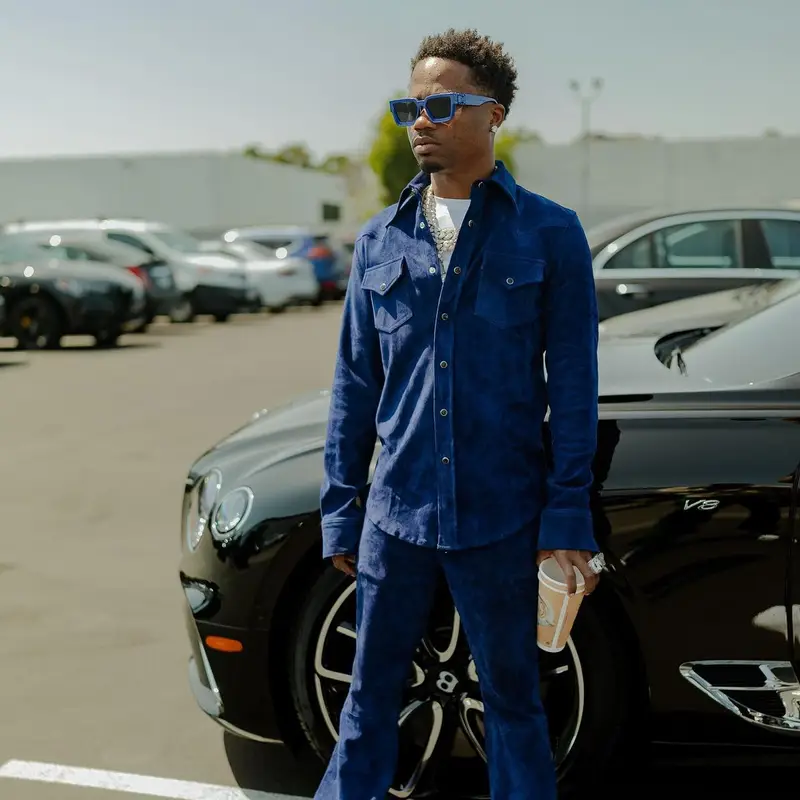 Roddy Ricch outfit in Cout De La Liberte, Nike, and Louis Vuitton, 2022