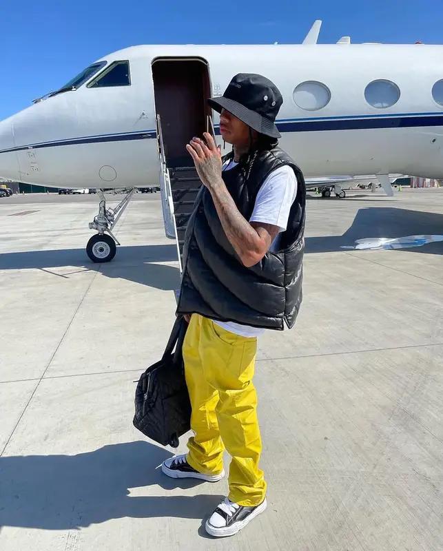 Tyga outfit in Rough., Maison Mihara Yasuhiro, and Mastermind, 2022