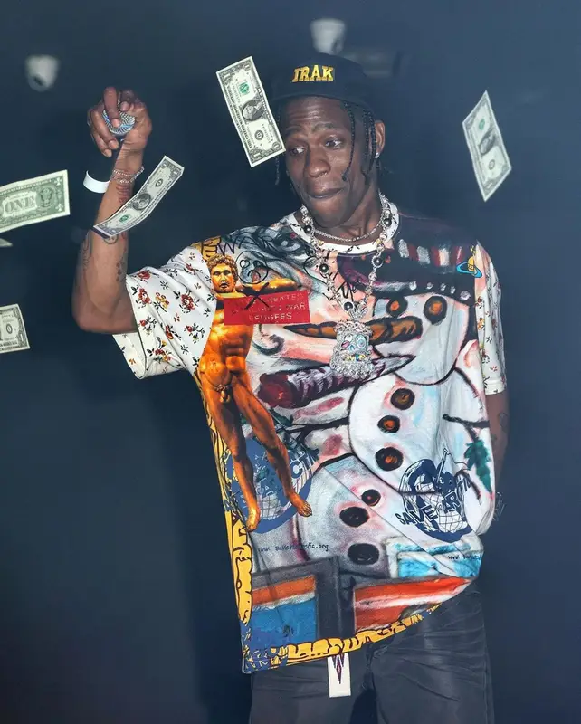 Travis Scott outfit in Vivienne Westwood, Isabel Marant, and IRAK, 2022