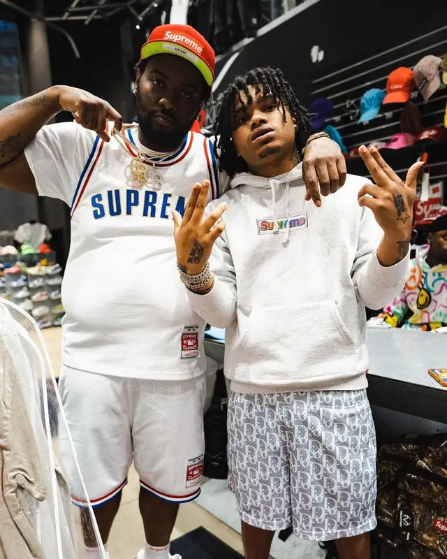 Peezy outfit in Mitchell & Ness, Supreme, and New Era, 2022