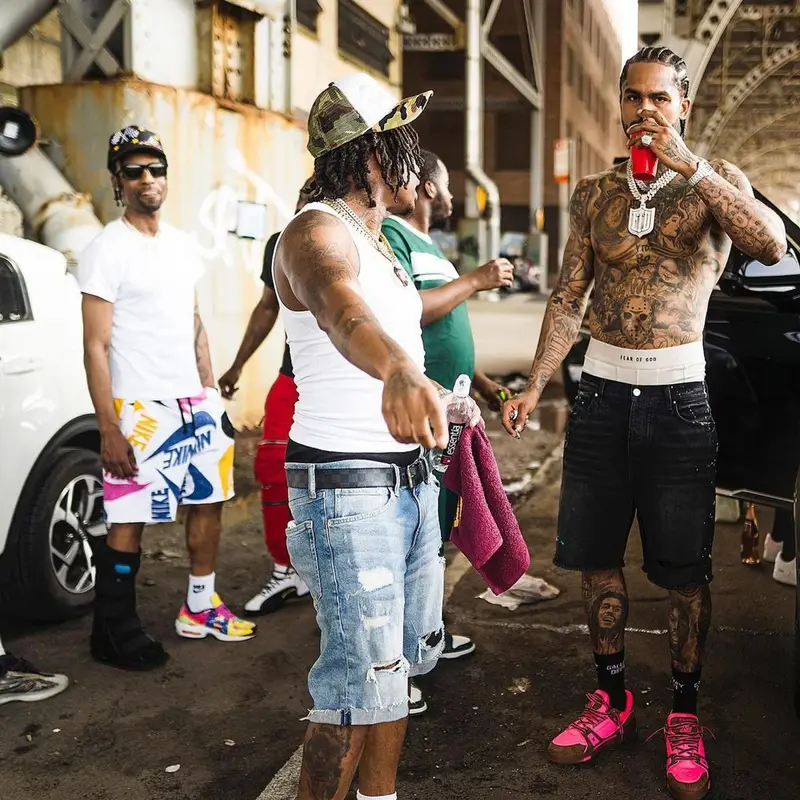 Dave East outfit in Amiri, Fear of God, and Gallery Dept., 2022