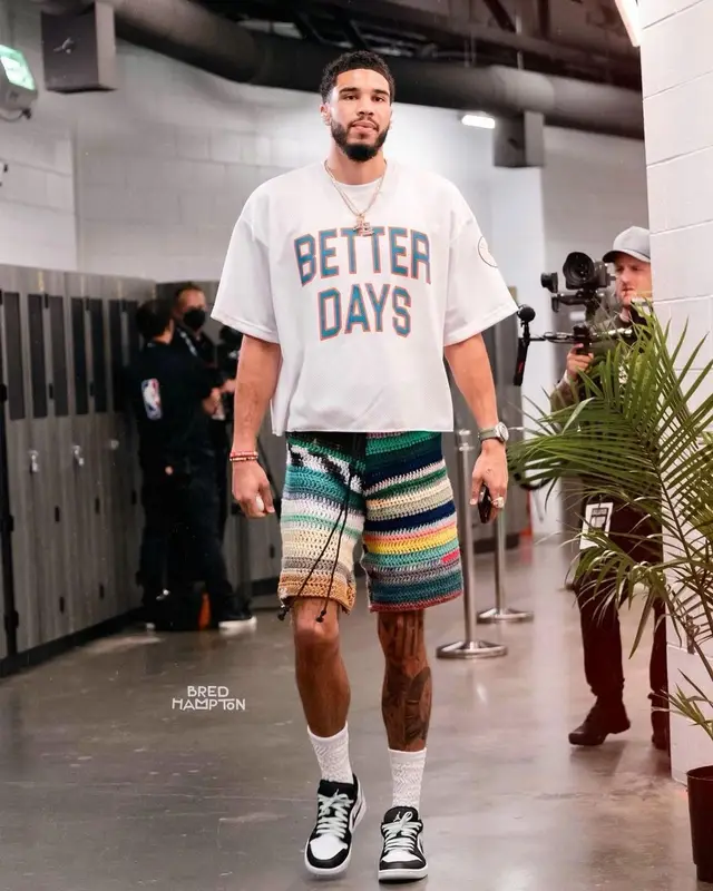Jayson Tatum outfit in Better Days LA, Nike, and Honey Dripp Jewelry, 2022