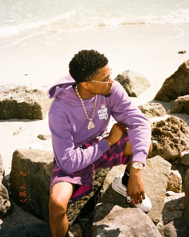 Pierre Bourne outfit in Bape, Jordan, and Champion, 2022