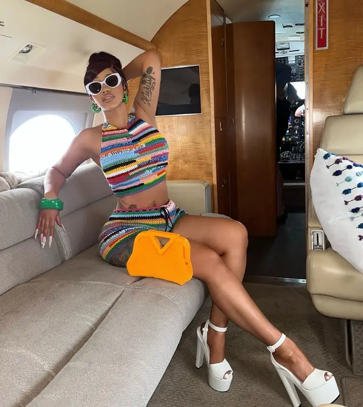 Cardi B outfit in Miu Miu, Bottega Veneta, and Giuseppe Zanotti, 2022