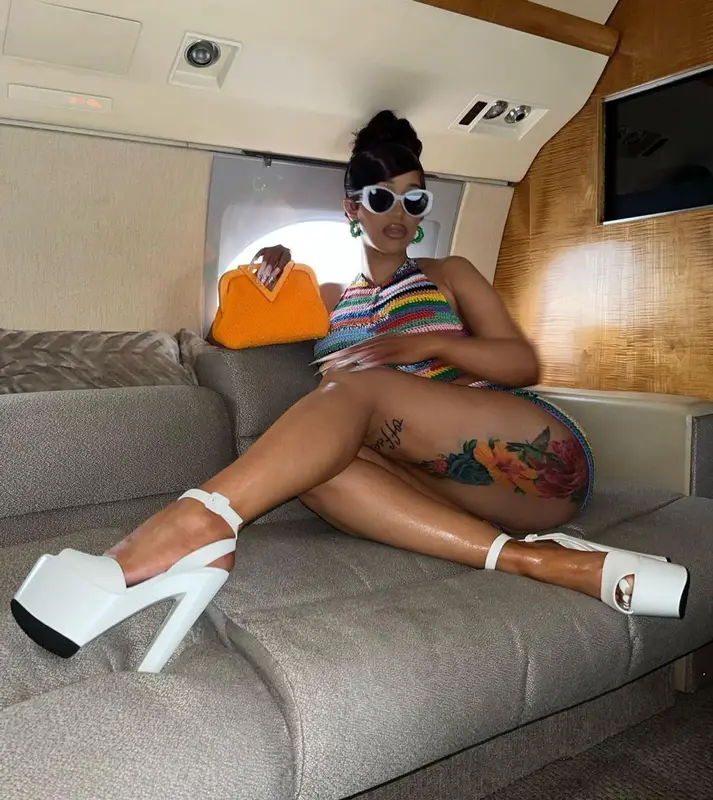 Cardi B outfit in Miu Miu, Bottega Veneta, and Giuseppe Zanotti, 2022