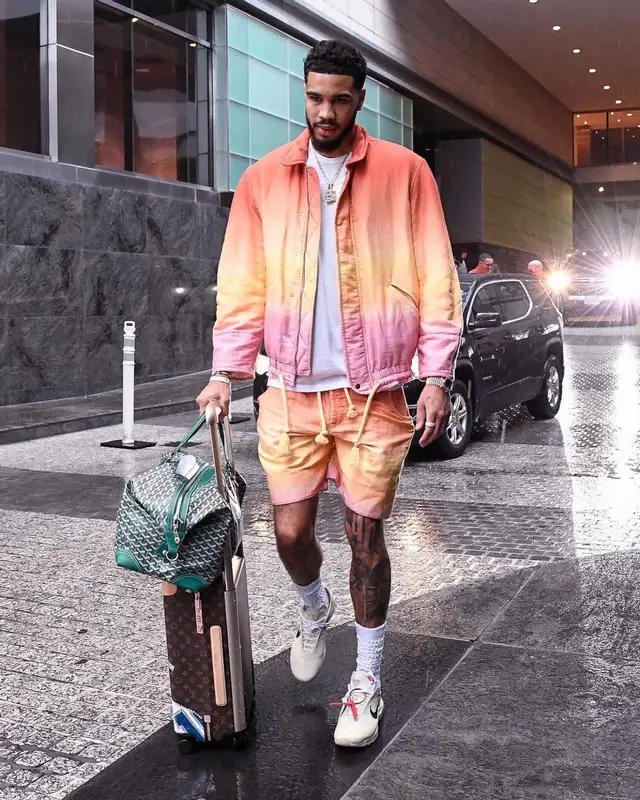 Jayson Tatum outfit in Isabel Marant, Nike, and Goyard, 2022