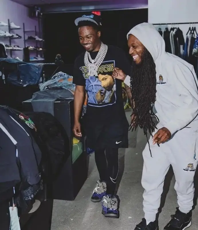 Roddy Ricch outfit in Prince, Nike, and Lanvin, 2022