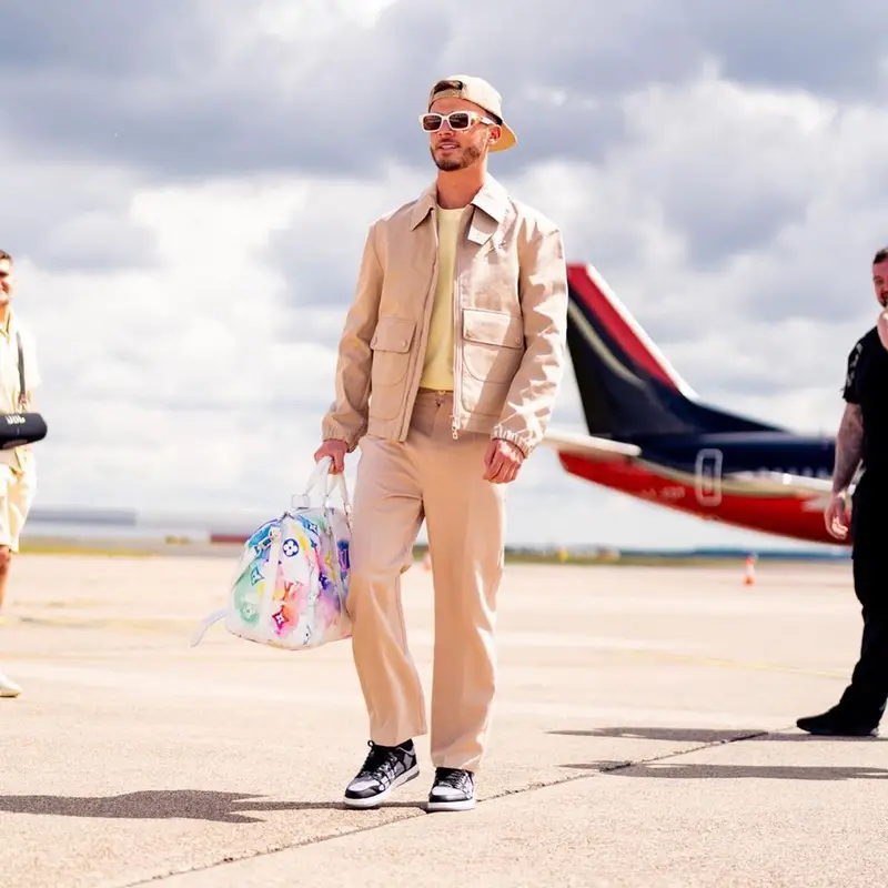 James Maddison outfit in Louis Vuitton, Fendi, and Gallery Dept., 2022