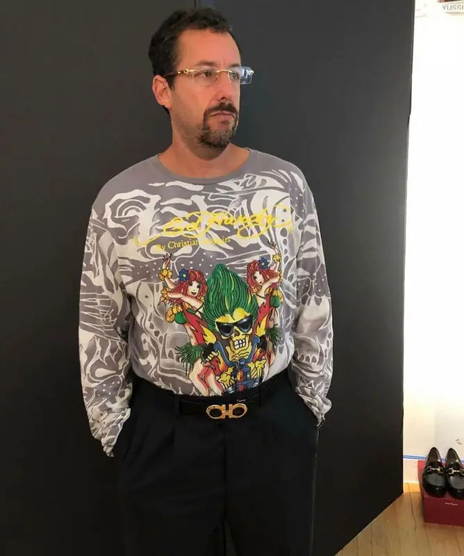 Adam Sandler outfit in Ed Hardy, Ferragamo, and Cartier, 2019