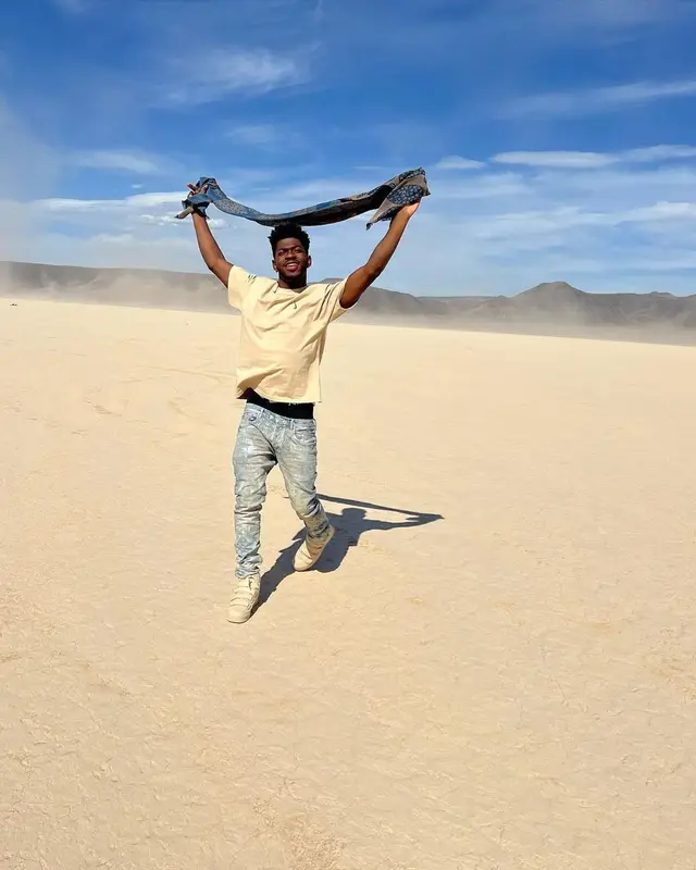 Lil Nas X outfit in Nike, Purple Brand, and Billie Eilish Merch, 2022