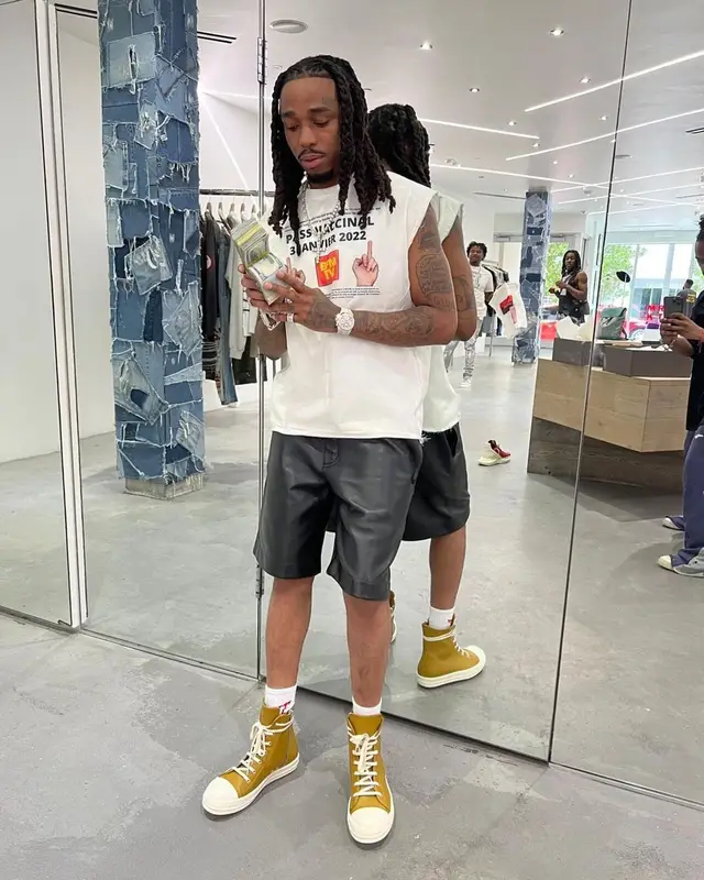Quavo outfit in coucou bebe75018 and Rick Owens, 2022
