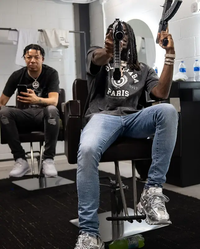 SleazyWorld Go outfit in Balenciaga and Purple Brand, 2022