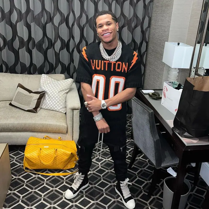 Devin Haney outfit in Louis Vuitton, Rick Owens, and Goyard, 2022