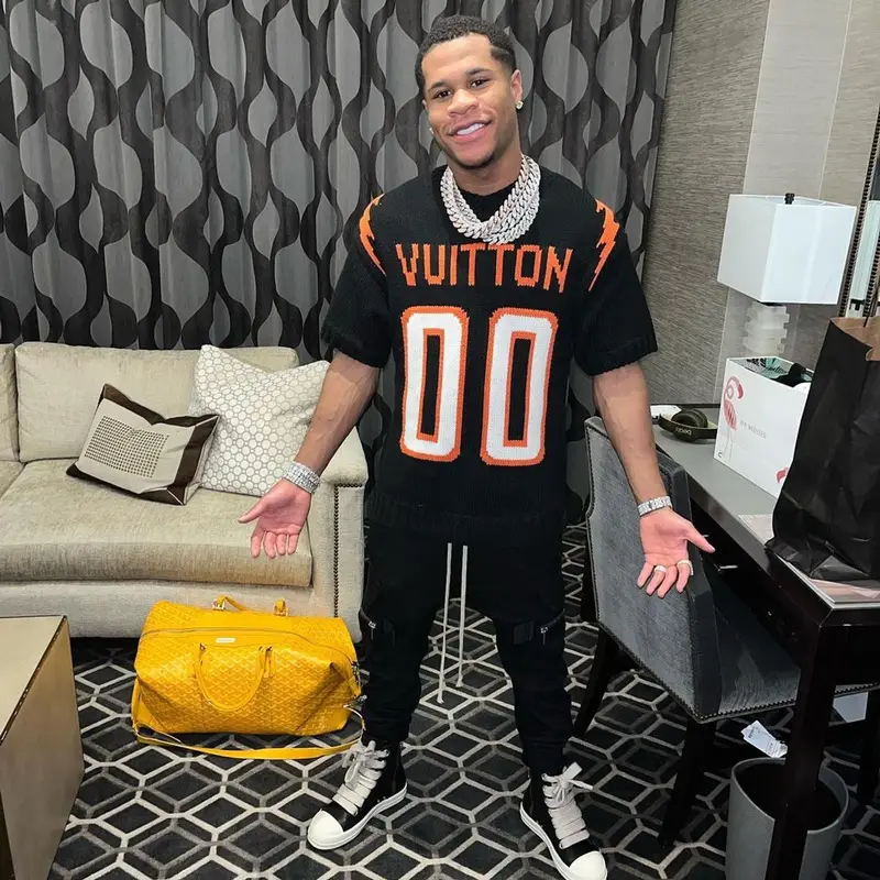 Devin Haney outfit in Louis Vuitton, Rick Owens, and Goyard, 2022