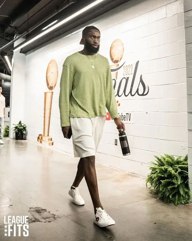 Jaylen Brown outfit in Issey Miyake, Comme Des Garcons, and Converse, 2022