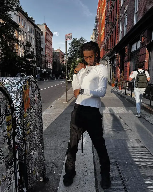Lil Benny outfit in Fear of God, Rick Owens, and Chrome Hearts, 2022
