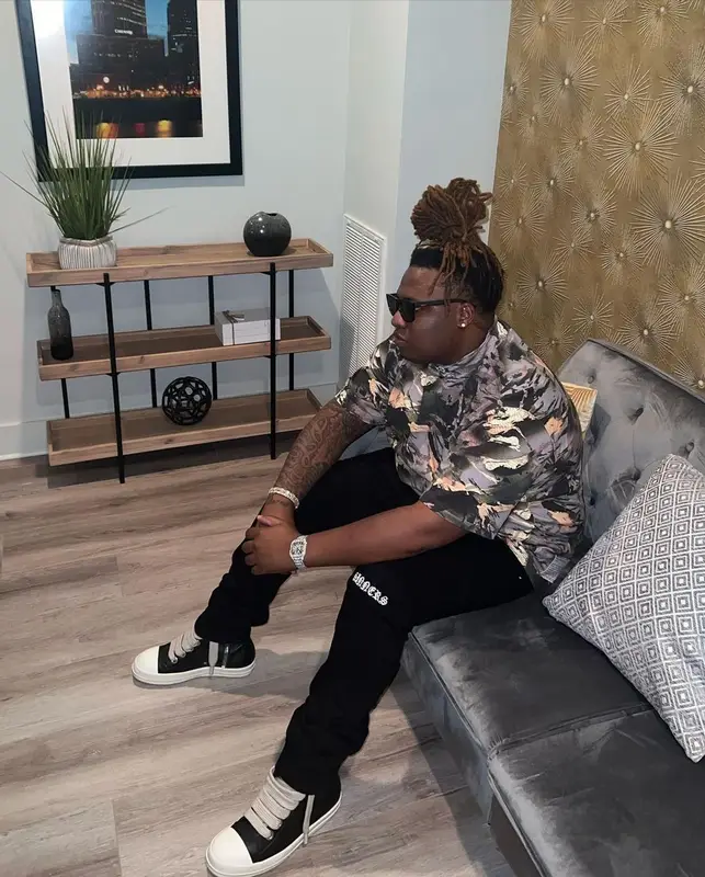 Tay Keith outfit in Heron Preston, Rta, and Rick Owens, 2022