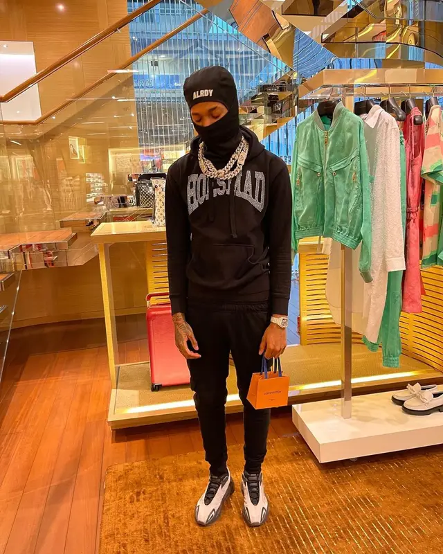 NLE Choppa outfit in Champion, Adidas, and Alrdy, 2022