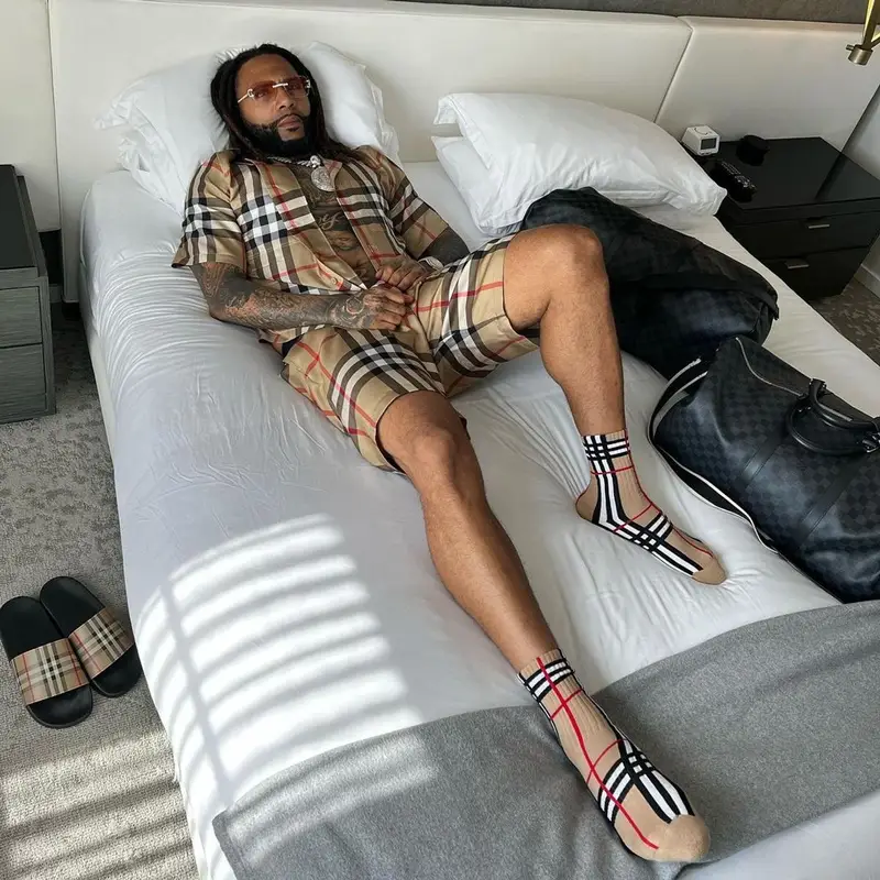 Money Man outfit in Burberry and Louis Vuitton, 2022