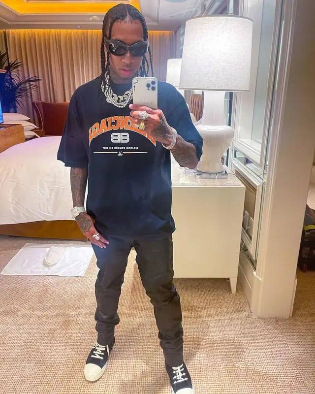 Tyga outfit in Balenciaga, Rick Owens, and Bottega Veneta, 2022