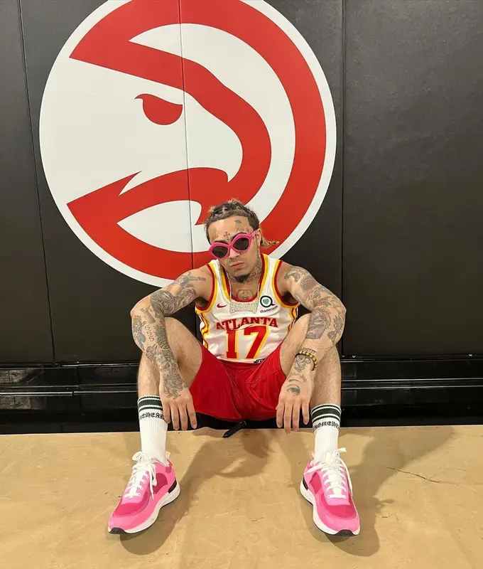Lil Pump outfit in Atlanta Hawks, Balenciaga, and Chrome Hearts, 2022