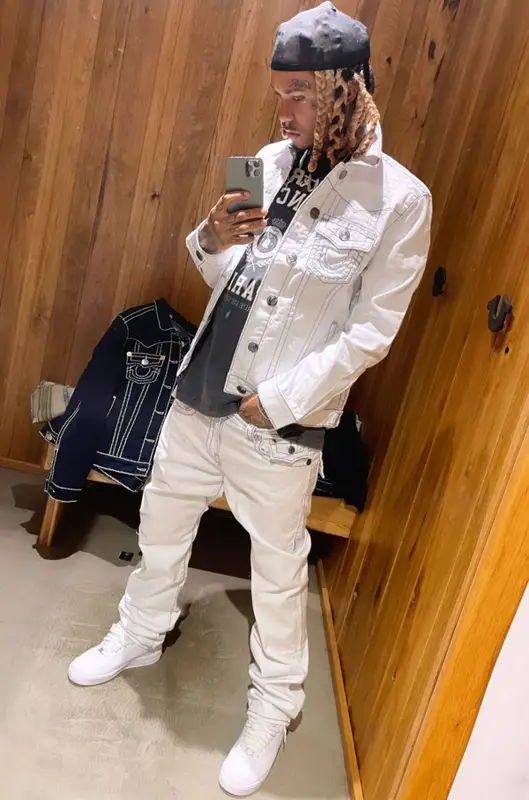 Lil Gnar outfit in True Religion, Balenciaga, and Nike, 2022
