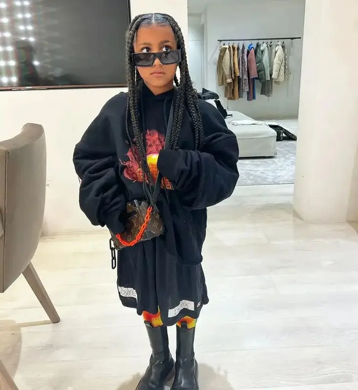 North West outfit in Off-White, Louis Vuitton, and Balenciaga, 2022