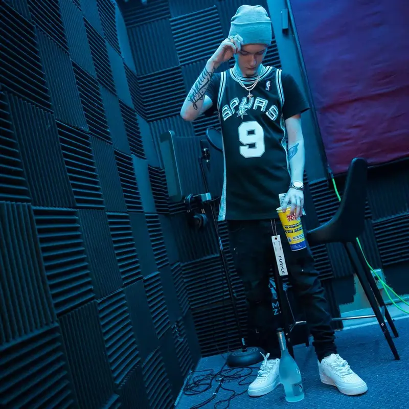 Slim Jesus outfit in Mitchell & Ness, Purple Brand, and Nike, 2021