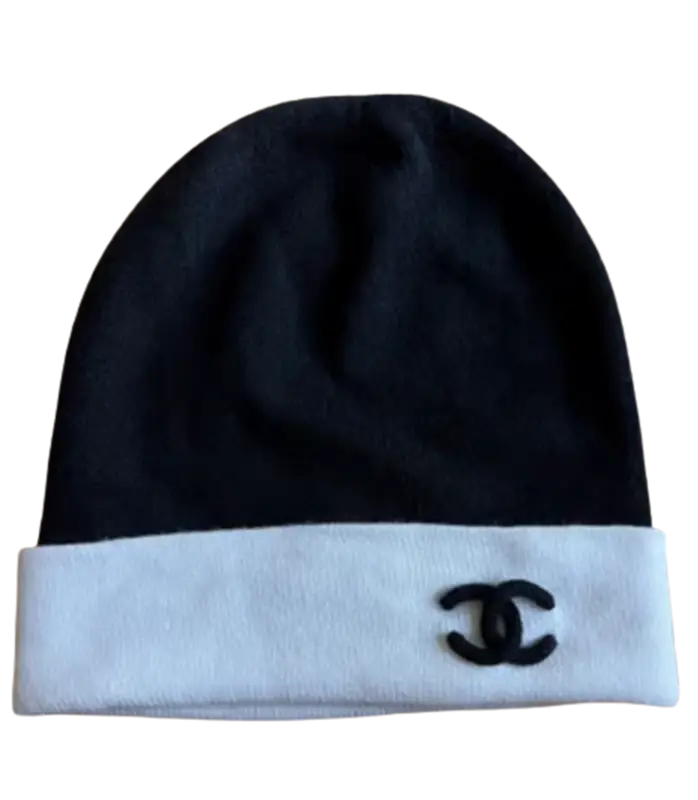Chanel Cashmere White Black Beanie Hat 
