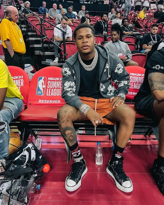 Devin Haney outfit in Denim Tears, Rick Owens, and Saint Michael, 2022