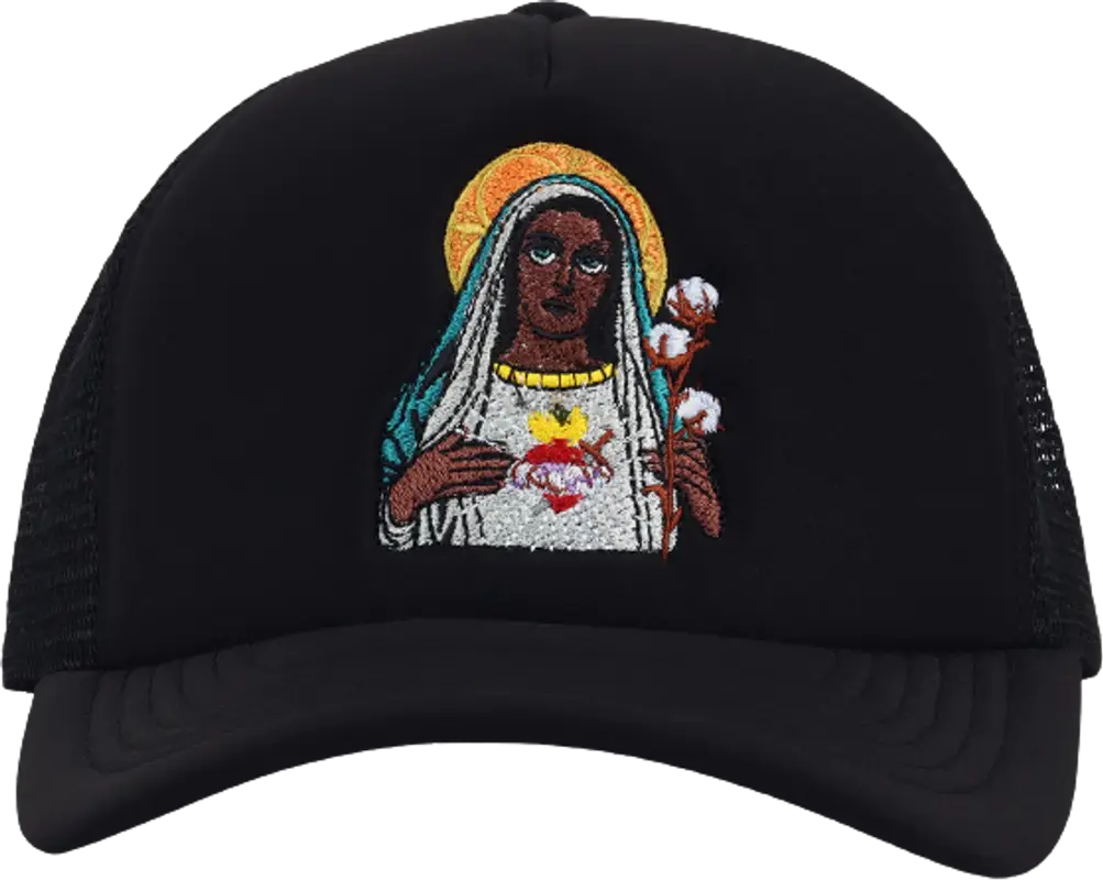 Denim Tears Black Madonna Trucker Hat | WHAT'S ON THE STAR?