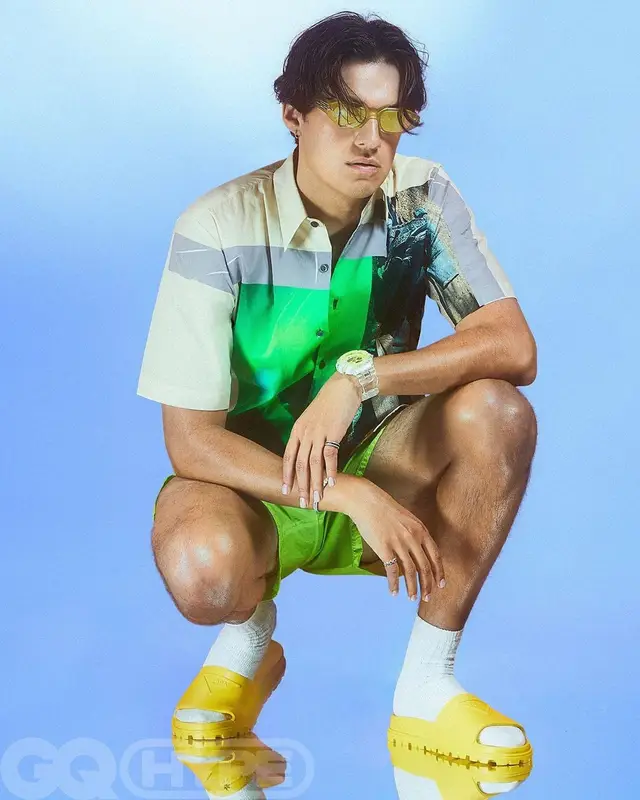 Omar Apollo outfit in Dries Van Noten, Bottega Veneta, and Gentle Monster, 2022