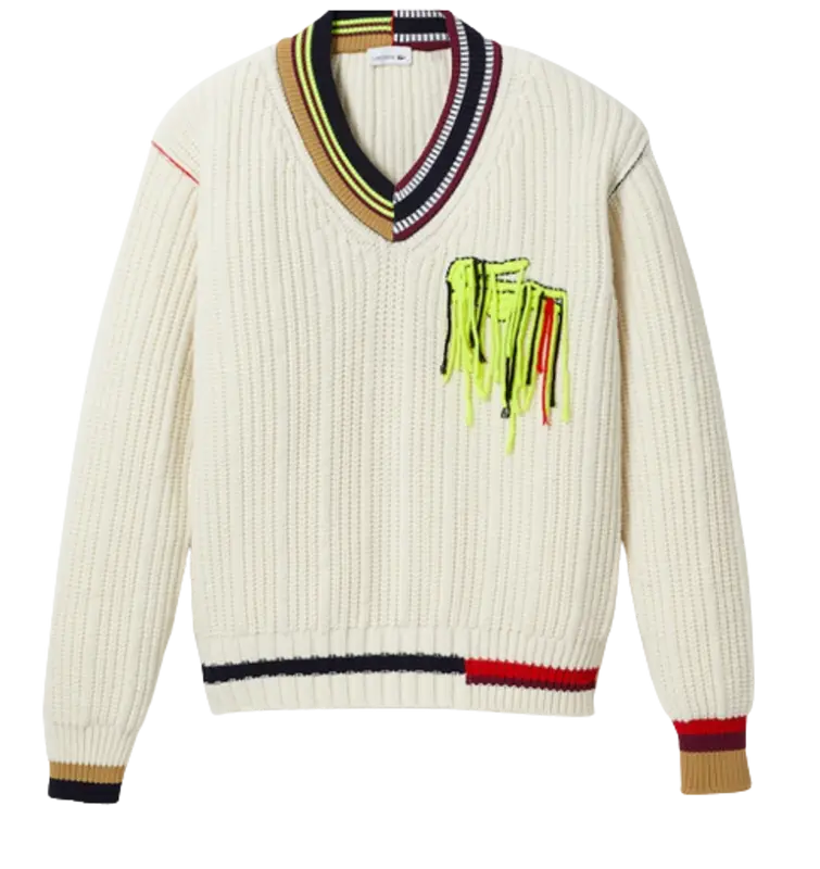 until now Shackle Dusty Lacoste Striped V-Neck Sweater | WHAT'S ON THE STAR?