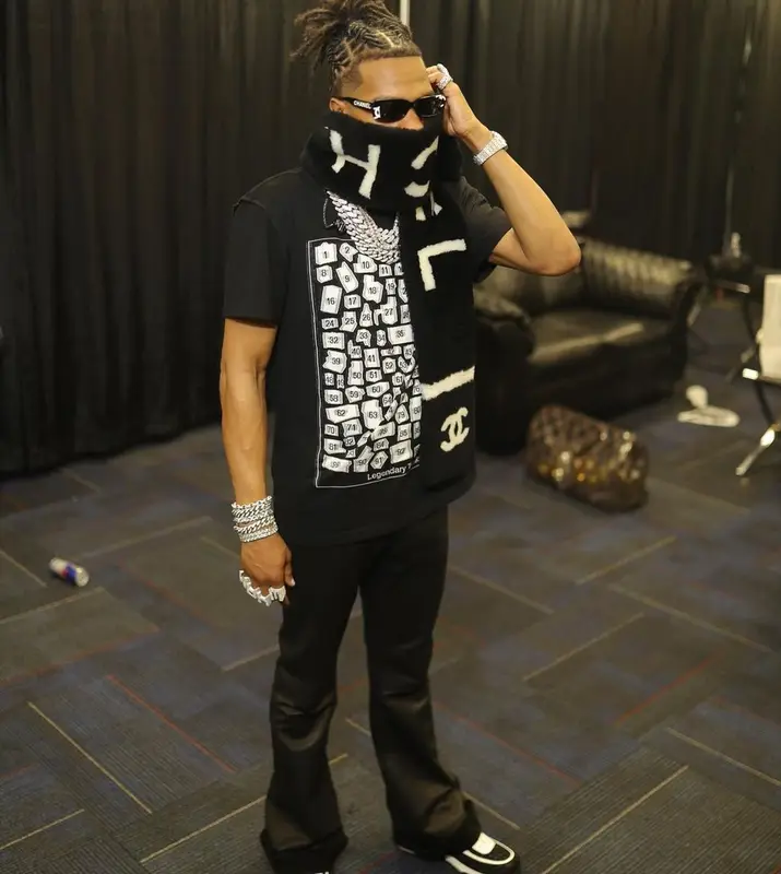 Lil Baby outfit in Louis Vuitton, Cout De La Liberte, and Chanel, 2022
