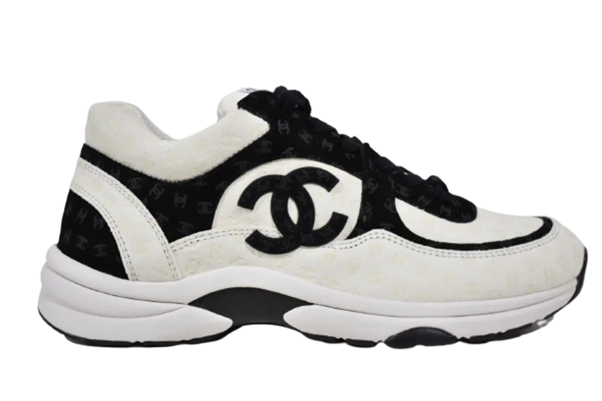 Chanel 22A White Black Suede Printed CC Logo Flat Runner Trainers