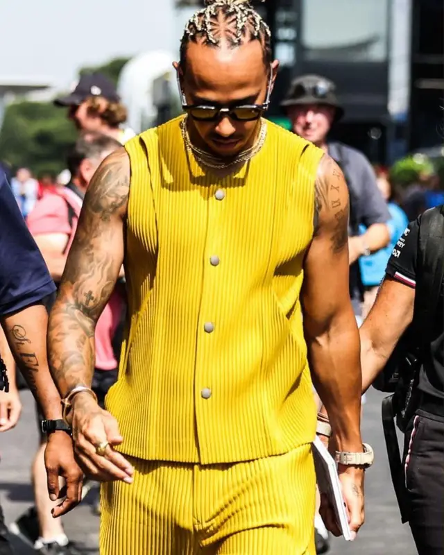 Lewis Hamilton outfit in Issey Miyake, Police, and Lewis Hamilton, 2022