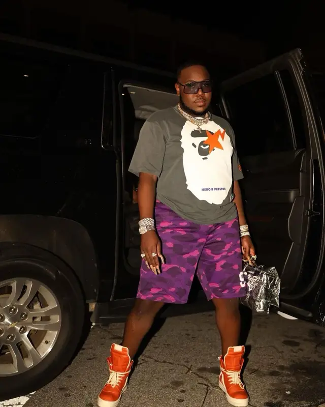 Saucy Santana outfit in Bape, Rick Owens, and Heron Preston, 2022