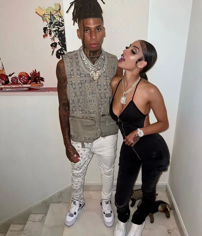 NLE Choppa outfit in Karl Kani, Purple Brand, and Jordan, 2022