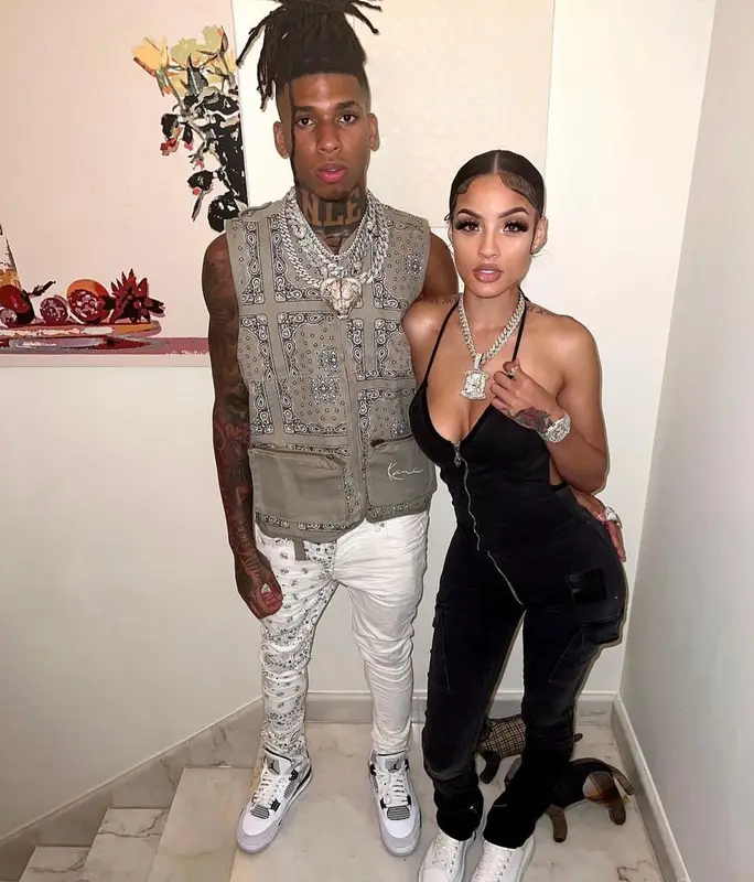 NLE Choppa outfit in Karl Kani, Purple Brand, and Jordan, 2022