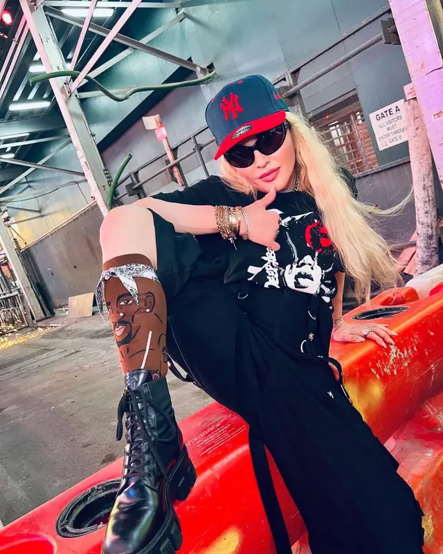 Madonna outfit in Balenciaga, New York Yankees, and Stance, 2022