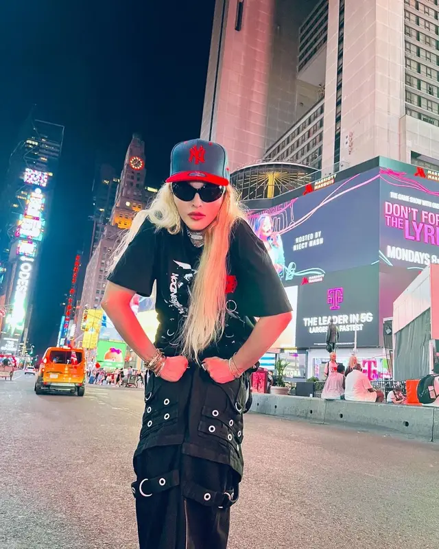 Madonna outfit in Balenciaga, New York Yankees, and Stance, 2022