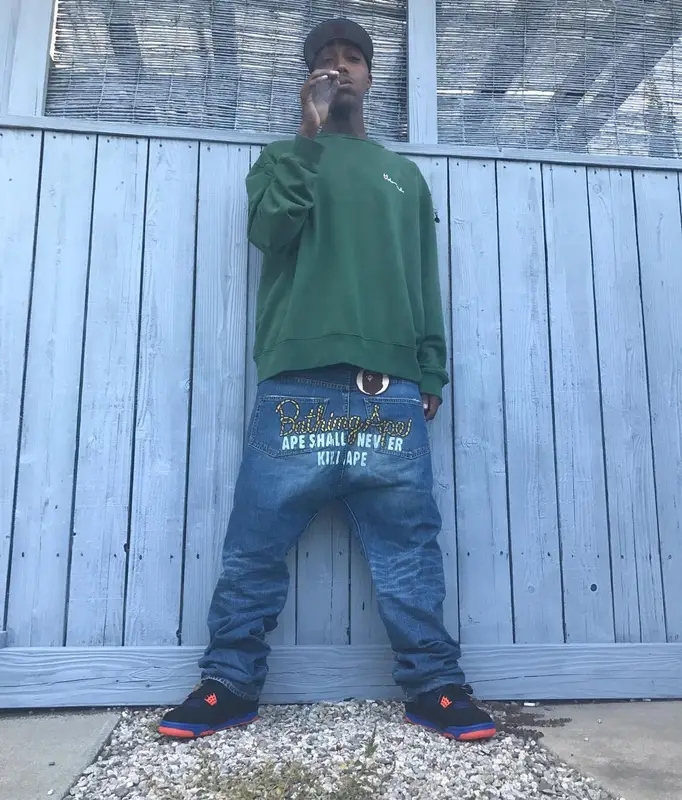 Swoosh God outfit in Champion, Bape, and Jordan, 2017