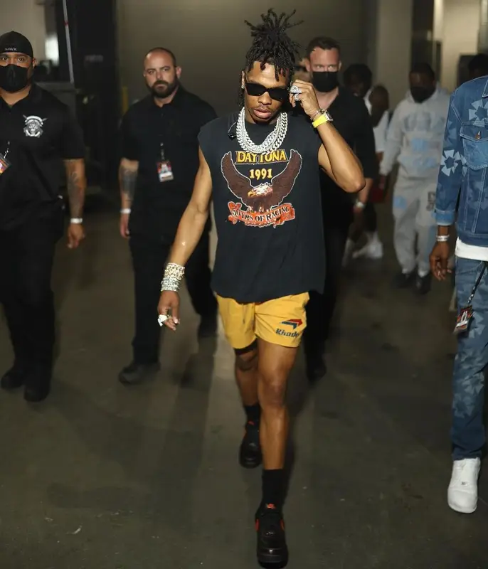 Lil Baby outfit in Vintage, Vlone, and Rhude, 2022