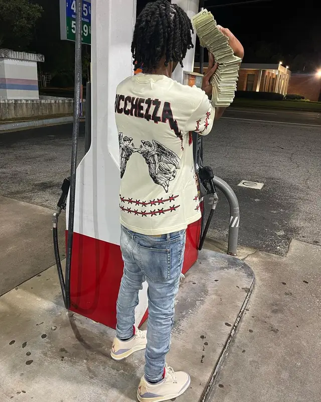Lil Darius outfit in Ricchezza Forever, Amiri, and Jordan, 2022