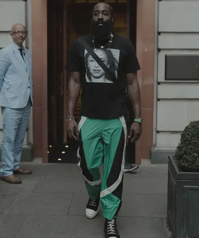 James Harden outfit in Sacai, Louis Vuitton, and Rick Owens, 2022