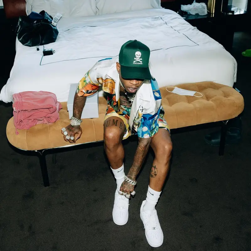 Tory Lanez outfit in Casablanca, Dead Homies, and Nike, 2022