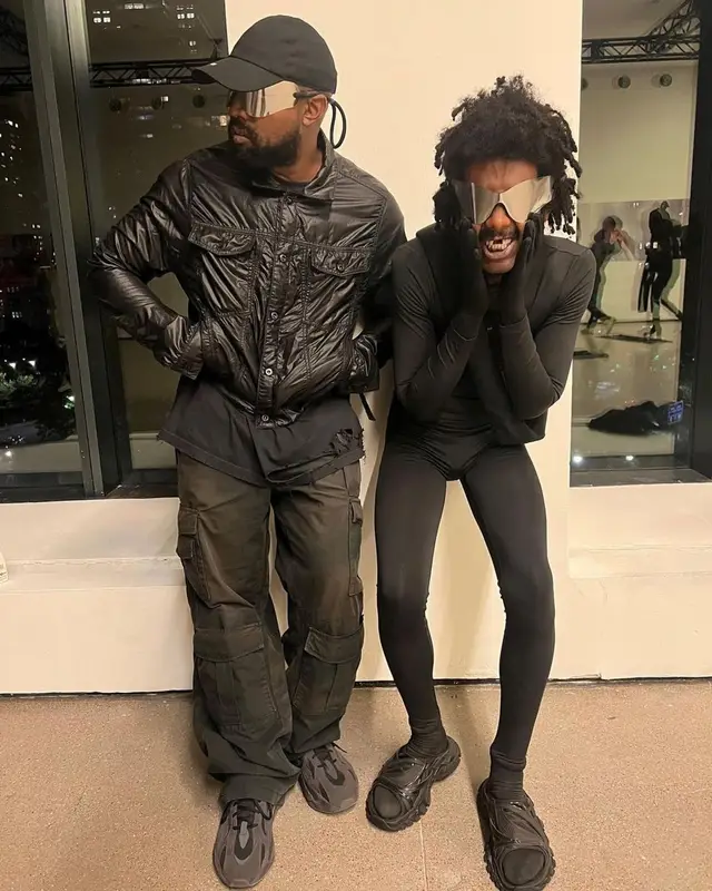 Kanye West outfit in Yeezy, Balenciaga, and GAP, 2022