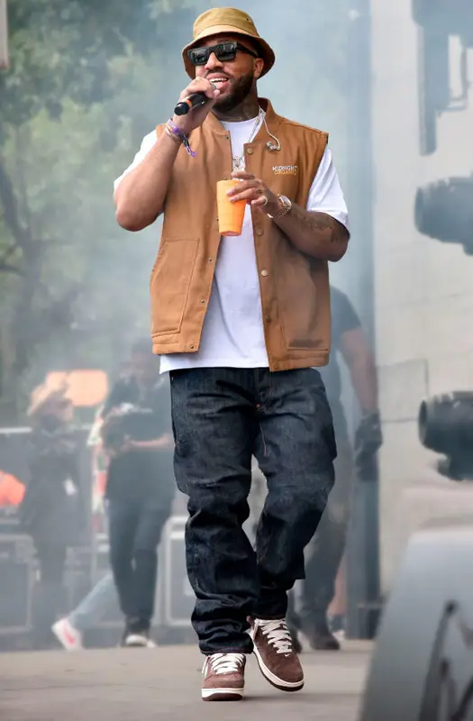 Larry June outfit in Evisu, Nike, and Prada, 2022